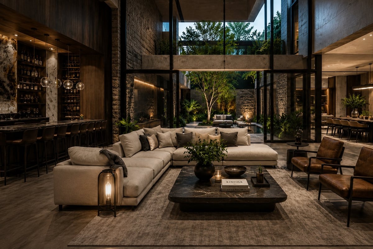 Sala de estar moderna y lujosa con sofá seccional crema, mesa de centro oscura, iluminación ambiental y puertas de cristal hacia un patio con plantas