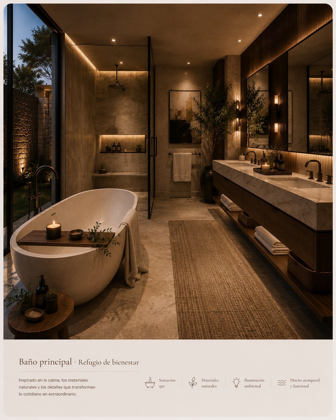 Baño principal de lujo con tina oval independiente, muros de piedra y doble lavabo