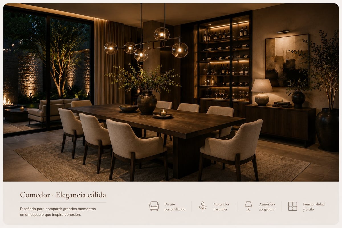 Comedor elegante con mesa de madera, sillas tapizadas y lámpara de araña