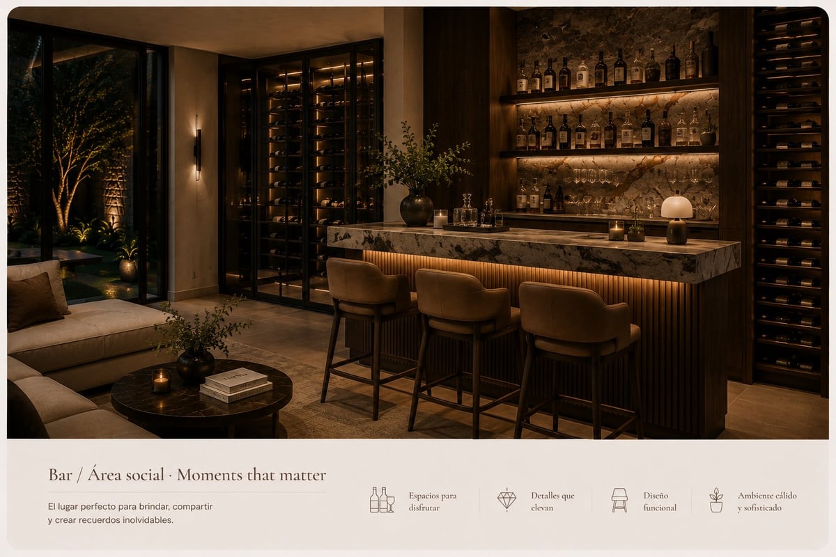 Bar moderno de lujo con iluminación ambiental, mostrador de mármol, taburetes, botellero iluminado y muros oscuros